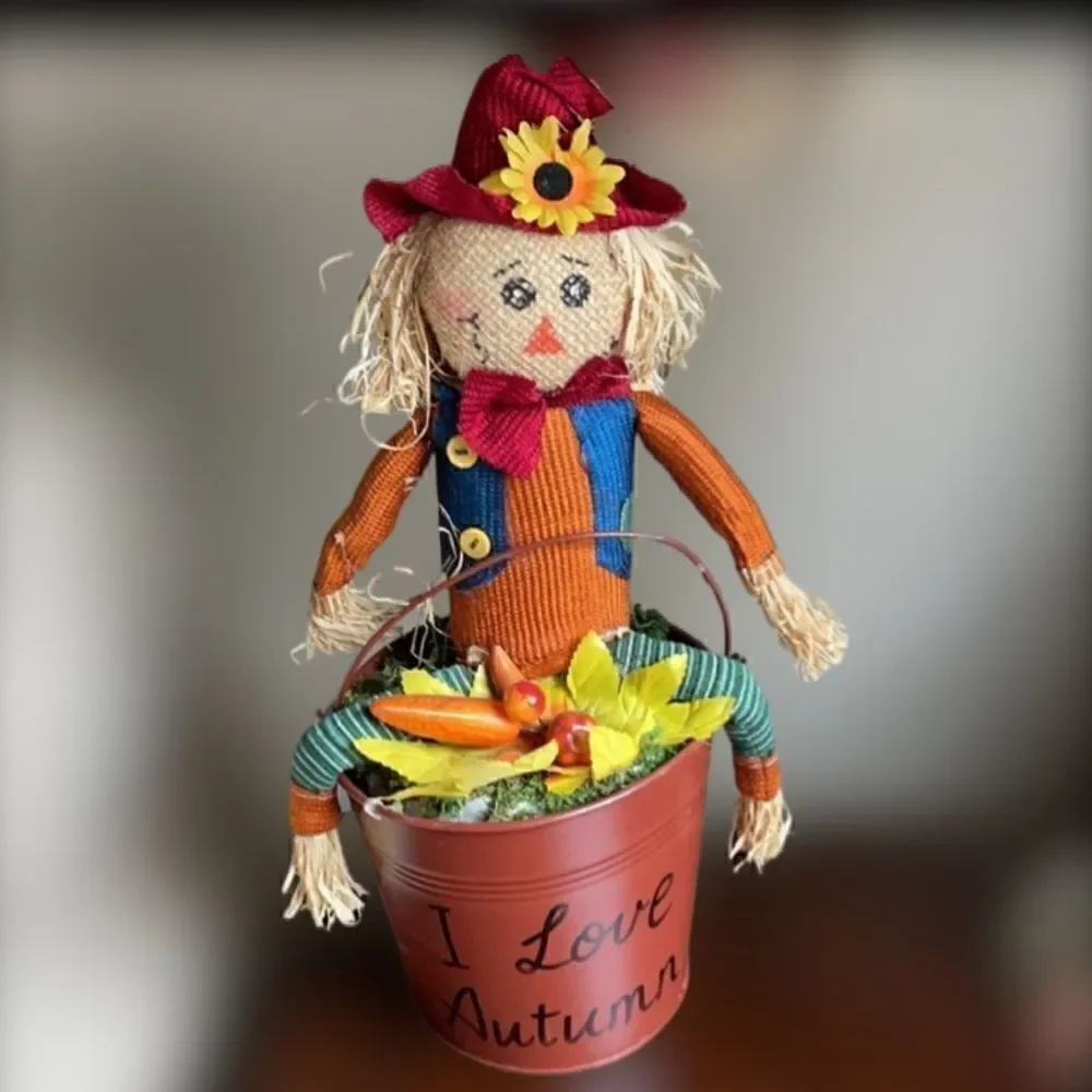 “I Love Autumn” Halloween Decor Scarecrow in a Bucket
